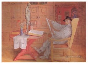  1912 Oil Painting - self portrait in the studio 1912 Carl Larsson